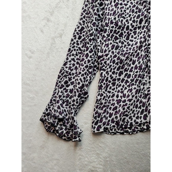 Canda Blouse Top Women's M White Purple Leopard Print Sheer Collar Button Front - Picture 6 of 9